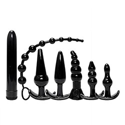 Kit Plug Anal: 6 Plugs em Formatos Diferentes e 1 Vibrador Personal Preto