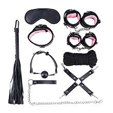 Foto do Produto Kit Bondage com 7 itens: Algema, Tornozeleira, Venda, Flogger, Mordaça, Coleira e Corda Preto