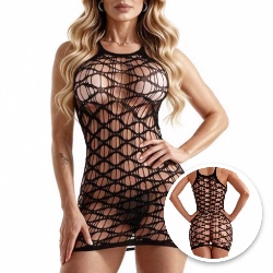 Vestido Sensual Sexy em Spandex Estilo Bodystocking com Trama Larga Preto