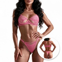 Conjunto Sensual Sexy em Renda com Aro e Calcinha com Abertura e Calcinha Tanga Rosa