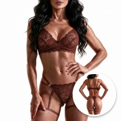 Conjunto Sensual Sexy em Renda com Aro sem Bojo Calcinha Strappy e Liga Marrom