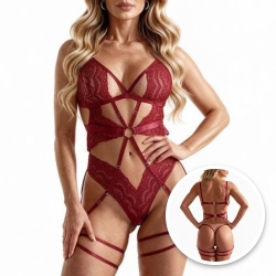 Body Sensual Sexy em Renda sem Bojo com Abertura Estratégica e Liga Integrada Marsala