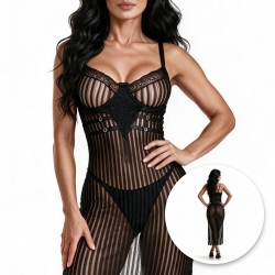 Camisola Longa Sensual Sexy em Renda Transparente com Aro sem Bojo com Calcinha String Preta