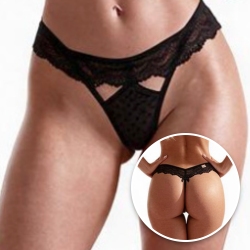 Foto do Produto Calcinha Biquíni Fio Dental Sexy em Tule de Poá e Renda Preta