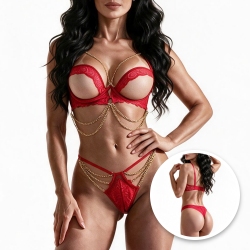 Conjunto Sensual Sexy em Renda com Aro e Correntes Vermelho
