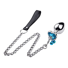 Plug Anal Joia em Aço Inox Tamanho M com Cristal Azul e Formato Gota com Sino e Guia de 8 x 3,4cm