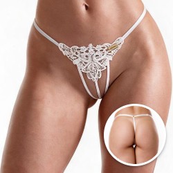Calcinha String Fio Dental Sexy em Guipir com Abertura na Vagina Branca