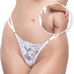 Calcinha String Fio Dental Sexy em Renda com Tule Colorido e Bijoux Azul