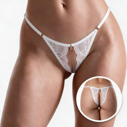 Foto do Produto Calcinha String Fio Dental Sexy em Renda com Bijoux e Abertura na Vagina Branca