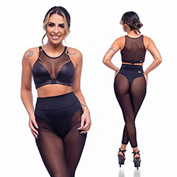 Foto do Produto Conjunto Sensual Sexy em Suplex e Tule Transparente sem Bojo Trapézio e Audaz Preto