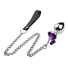Plug Anal Joia em Aço Inox Tamanho M com Cristal Roxo e Formato Gota com Sino e Guia de 8 x 3,4cm