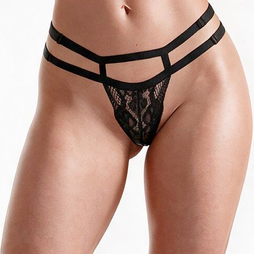 Foto do Produto Calcinha Strappy Fio Dental em Renda com Transparência e Regulagem Preta