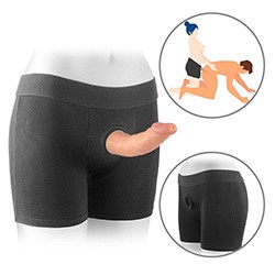 Foto do Produto Cinta Peniana para Ela Formato Cueca Boxer com Pênis Realístico Bege com Vértebras 19 x 4cm Preta