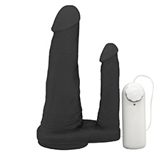 Foto do Produto Pênis Duplo para 2 Penetrações com Vibrador e Ventosa 15x3,5cm e 10x2,5cm Preto