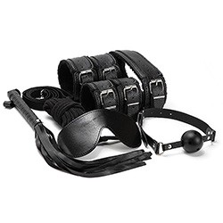 Kit Bondage 6: Algemas, Venda, Flogger, Mordaça, Corda e Coleira com Guia Preto