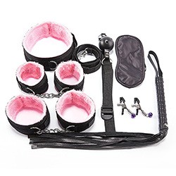 Kit Bondage 7: Algema, Tornozeleira, Venda, Flogger, Mordaça, Prendedor de Mamilo, Coleira Rosa