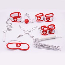 Foto do Produto Kit Bondage com 6 itens: Algema, Tornozeleira, Venda, Flogger, Mordaça e Coleira Branco e Vermelho