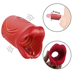 Masturbador Masculino Recarregável em Silicone com 10 Vibrações Formato de Boca Vermelho