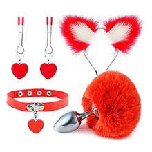 Plug Anal Rabo com Gargantilha, Prendedor de Mamilo + Gorro de Natal Vermelho