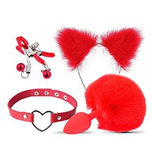 Plug Anal Rabo em Silicone com Gargantilha, Prendedor de Mamilo com Sino + Gorro de Natal Vermelho