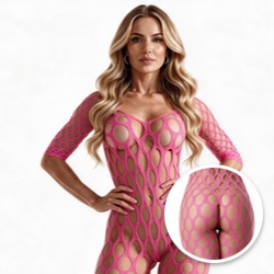 Macacão Sexy em Spandex Manga 3/4 Estilo Bodystocking Pink Neon