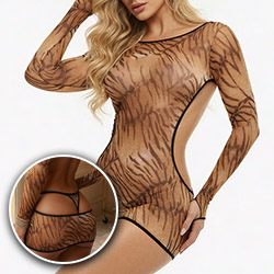 Vestido Sensual Ousado Sexy em Tule Transparente sem Bojo com Calcinha String Animal Print Tigre