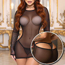 Vestido Sensual Ousado Sexy em Tule Transparente sem Bojo com Calcinha String Animal Print Preto
