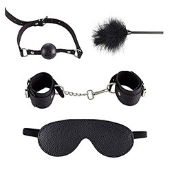 Foto do Produto Kit Bondage 4 Itens: Algema, Mordaça, Venda e Acessório para Prática de Tickling (Cócegas) Preto