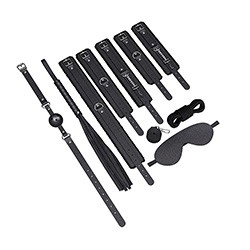 Kit Bondage 7 Itens: Algema, Mordaça, Coleira, Tornozeleira, Flogger, Venda e Corda Preto