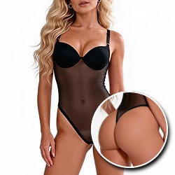 Body Cavado Sensual Sexy em Tule e Renda com Bojo, Aro e Regulagem Preto