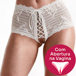 Calcinha Caleçon Sensual Sexy em Renda com Abertura Branca