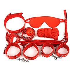 Foto do Produto Kit Bondage 7: Venda, Mordaça, Corda, Flogger, Coleira com Guia e Duas Algemas Vermelho