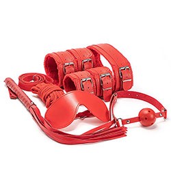 Foto do Produto Kit Bondage 7: Venda, Mordaça, Corda, Flogger, Coleira com Guia e Duas Algemas Vermelho