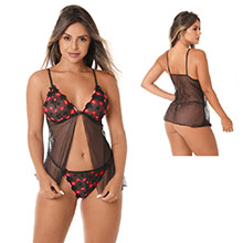 Baby Doll em Tule e Bordado Imperial Preto com Vermelho
