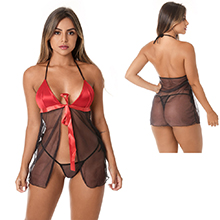 Baby Doll em Tule com Busto em Cetim Vermelho e Preto