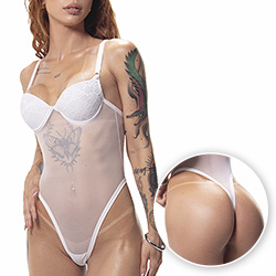 Body Cavado Sensual Sexy em Tule e Renda com Bojo, Aro e Regulagem Branco