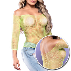 Cropped Sensual Sexy em Spandex com Strass Manga 7/8 Estilo Bodystocking Verde Neon