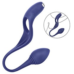 Foto do Produto Anel Peniano com Vibrador Recarregável em Silicone com Plug Anal 7 Vibrações Antom Azul