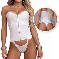 Corpete Sensual Sexy em Cirre sem Bojo com Zíper e Calcinha String Poder Absoluto Branco