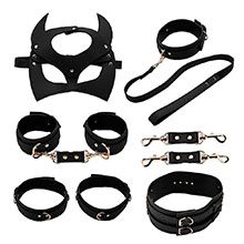 Foto do Produto Kit Bondage com 4 Itens: Algema, Tornozeleira, Coleira com Guia e Máscara Preto