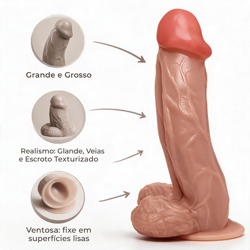 Foto do Produto Pênis Gigante e Grosso Flexível com Escroto e Ventosa Valente 31 x 7,8cm Bege
